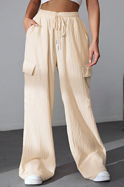 Drawstring Pocketed Wide Leg Pants Ivory