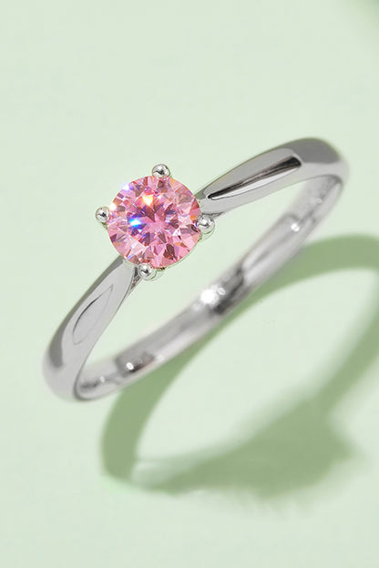 Moissanite Contrast 925 Sterling Silver Solitaire Ring | Platinum-Plated Minimalist Design Hot Pink