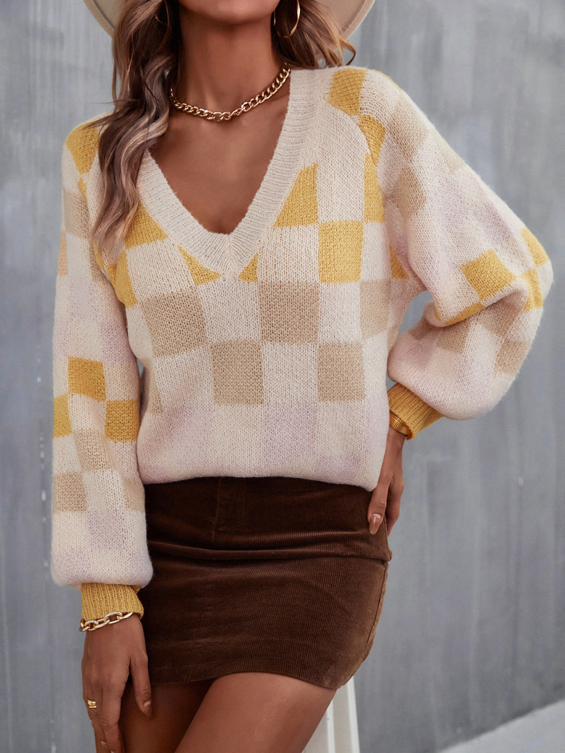 Checkered V-Neck Lantern Sleeve Sweater Light Yellow