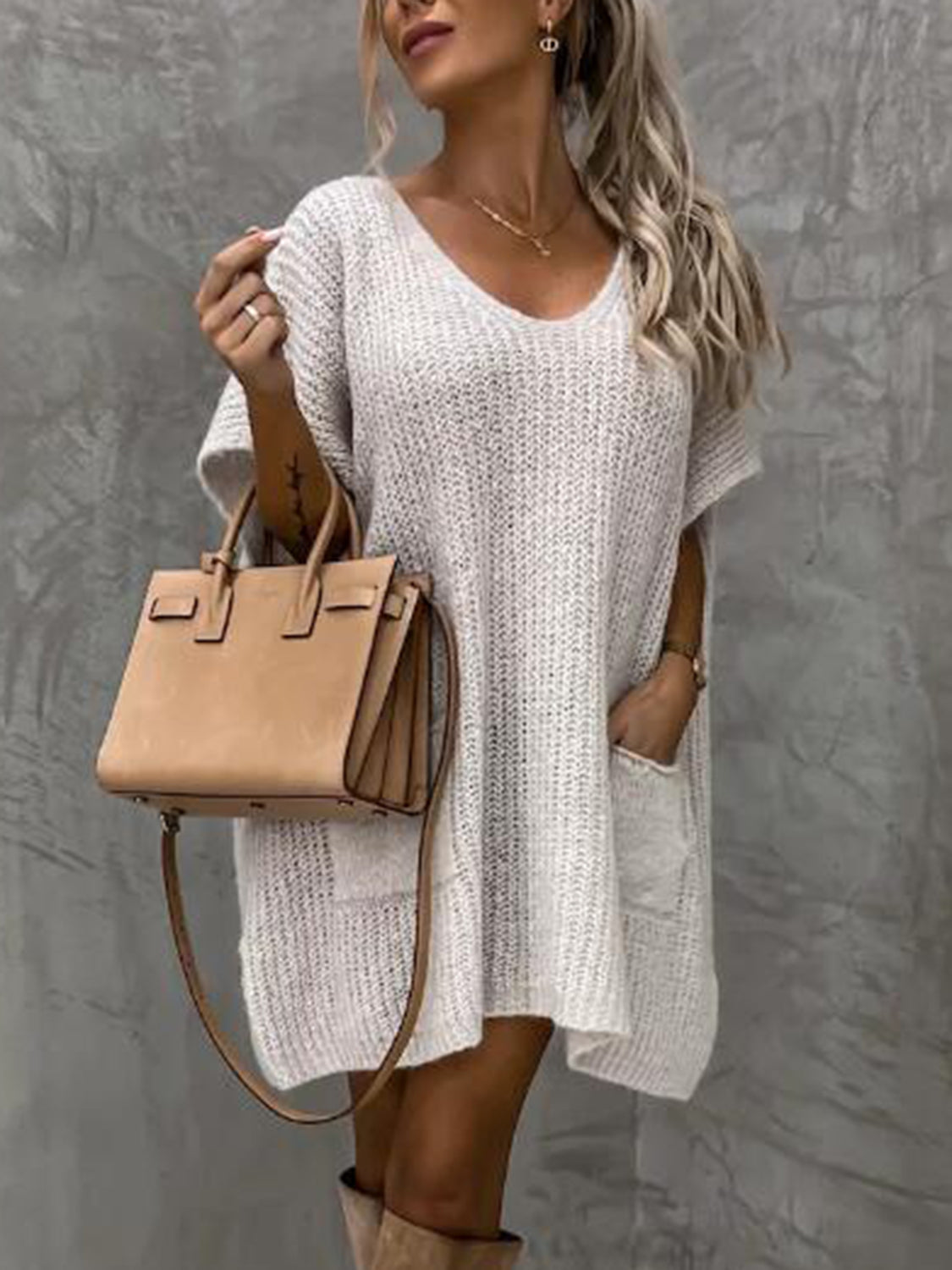 V-Neck Short Sleeve Sweater with Pockets White