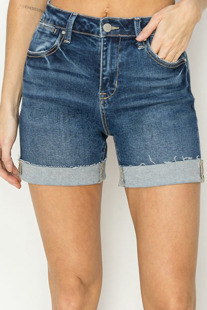 RISEN High Rise Cuffed Denim Shorts Dark