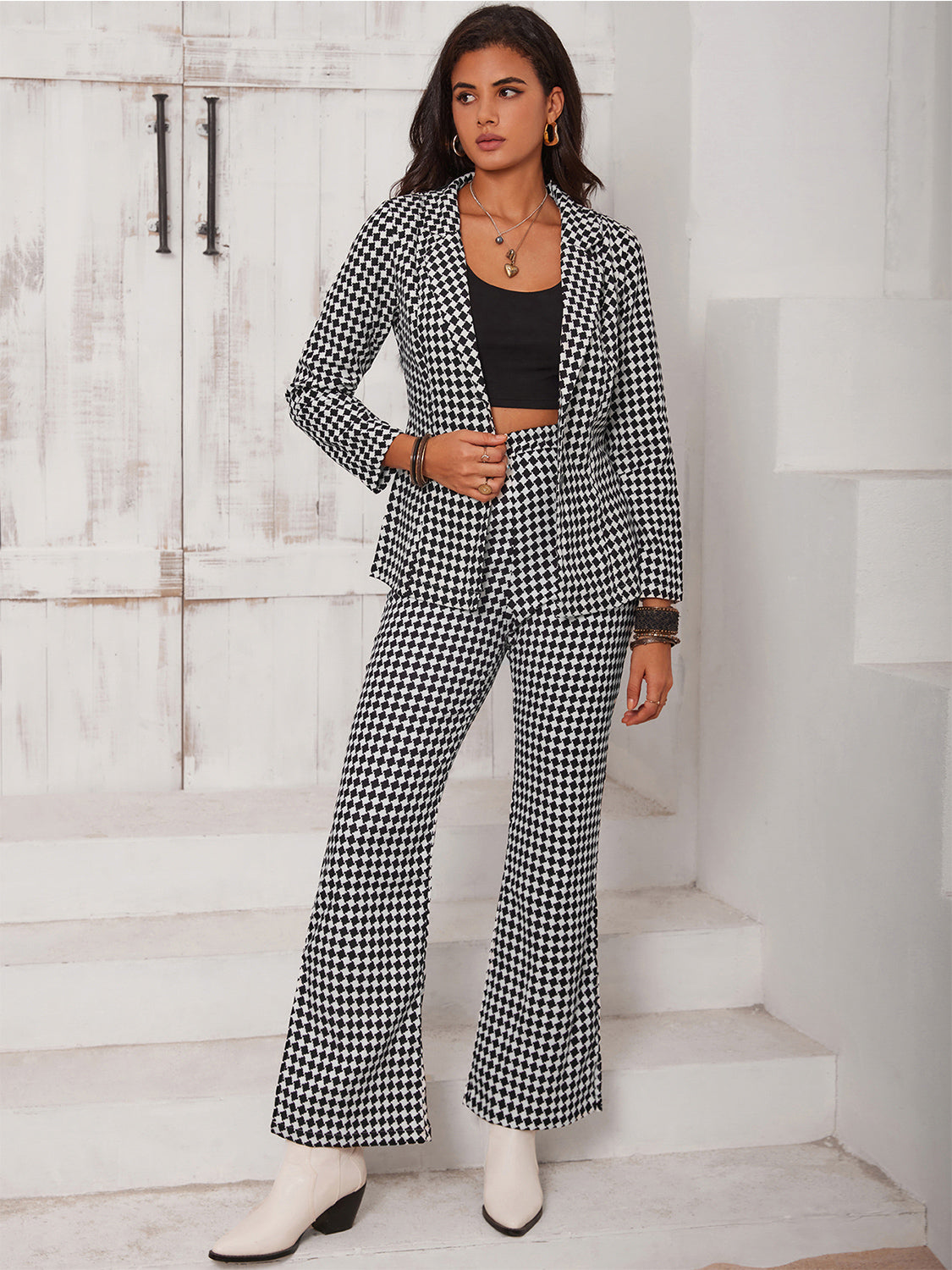 Checkered Blazer & Slit Pants Set