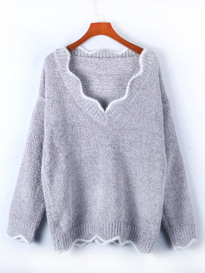 Notched Dropped Shoulder Long Sleeve Sweater Cloudy Blue