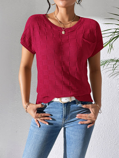 Round Neck Short Sleeve Knit Top Burgundy