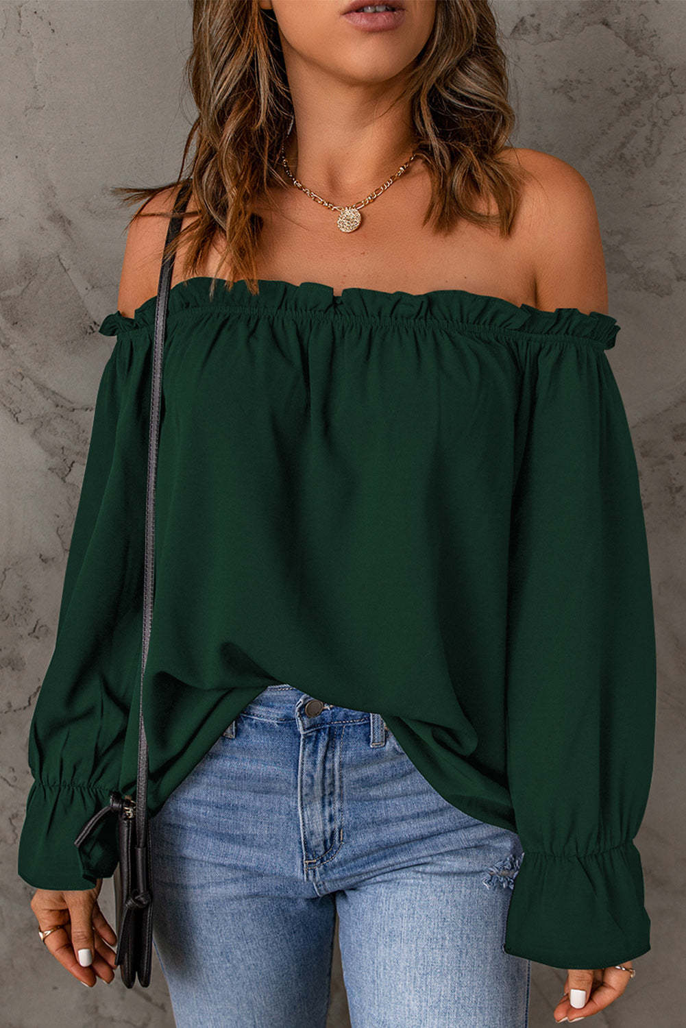 Off-Shoulder Flounce Sleeve Blouse Dark Green