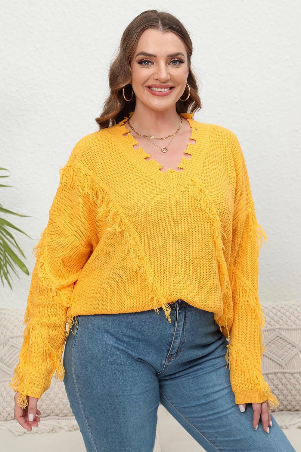 Plus Size Fringe V-Neck Long Sleeve Sweater Banana Yellow