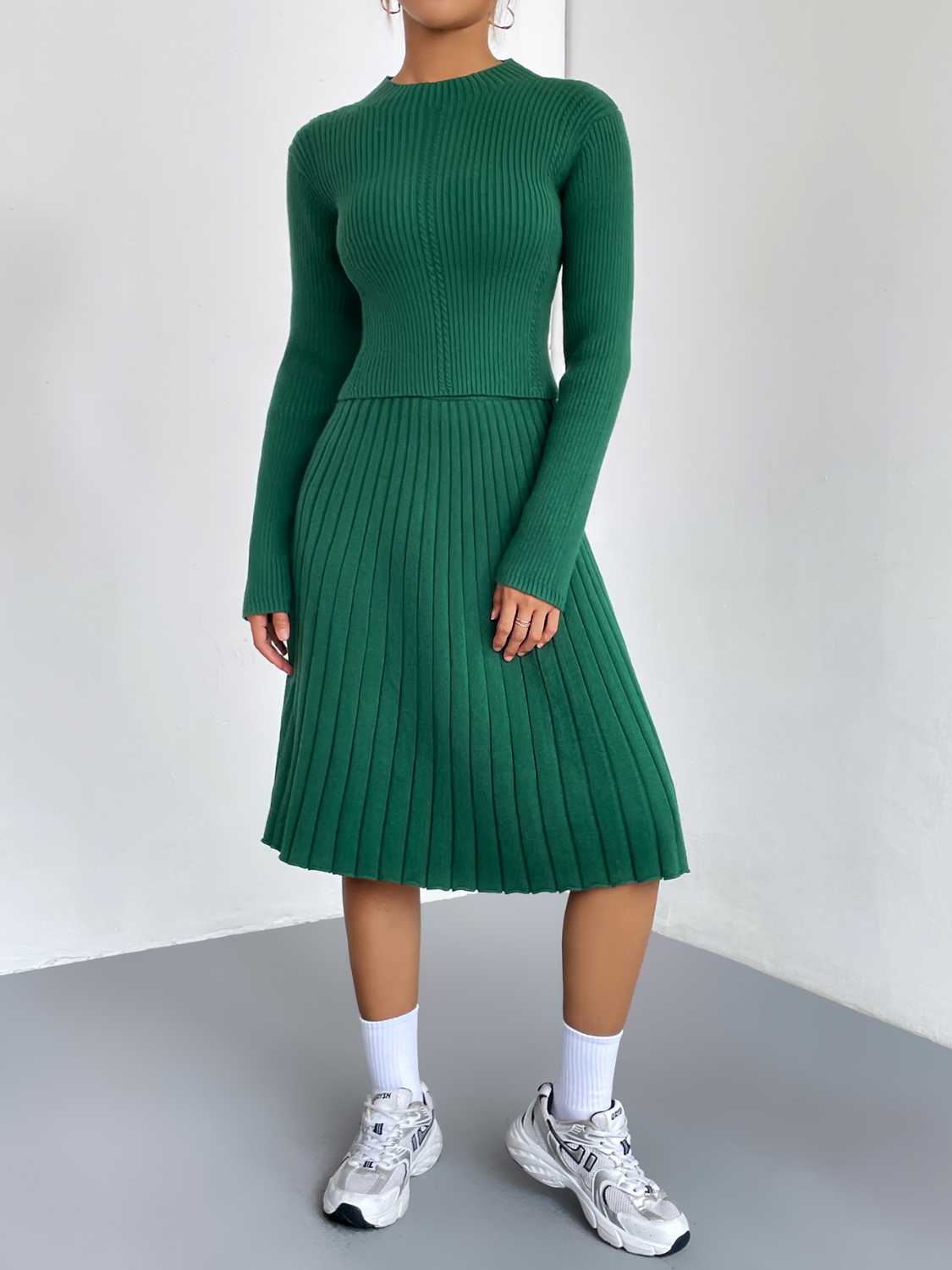 Rib-Knit Sweater and Skirt Set Green