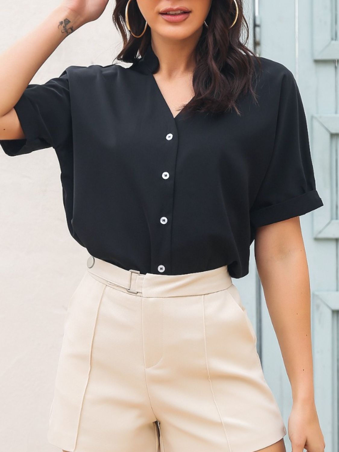 Notched Button Up Short Sleeve Shirt Black