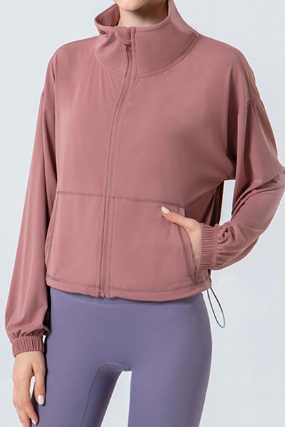 Drawstring Zip Up Dropped Shoulder Active Outerwear Dusty Pink