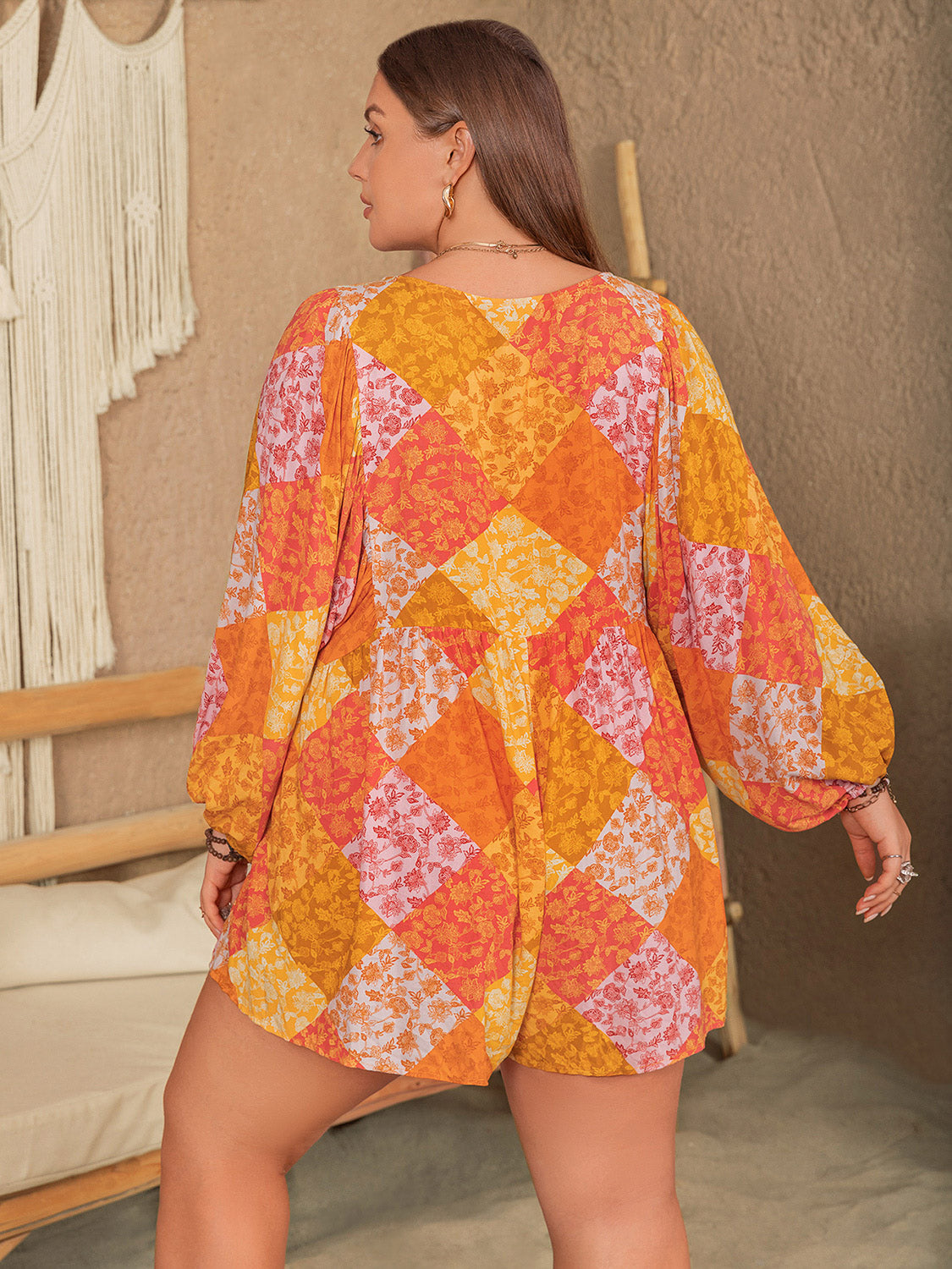 Plus Size Floral Tie Neck Balloon Sleeve Romper