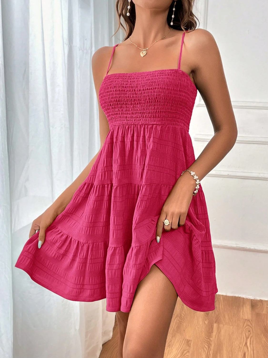 Smocked Tiered Sleeveless Mini Dress - 100% Polyester, Opaque, Chic Summer Style