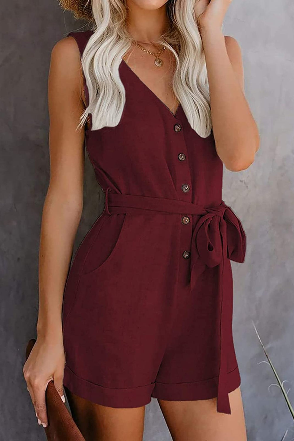 Full Size Tied V-Neck Sleeveless Romper with Pockets Burgundy