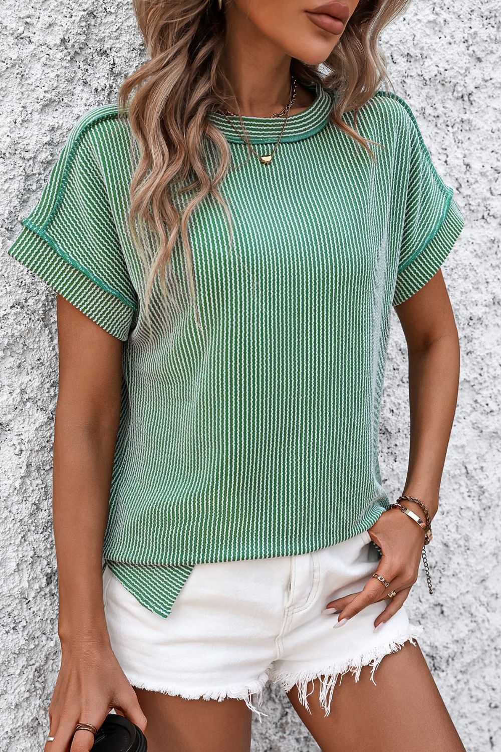 Striped Round Neck Short Sleeve T-Shirt Green