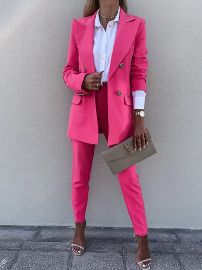 Lapel Collar Long Sleeve Blazer and Pants Set Hot Pink