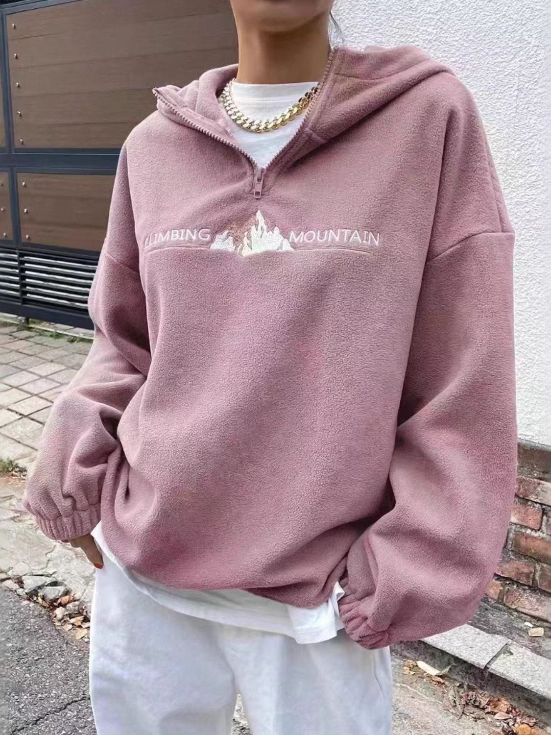 Mountain Quarter Zip Long Sleeve Hoodie Dusty Pink