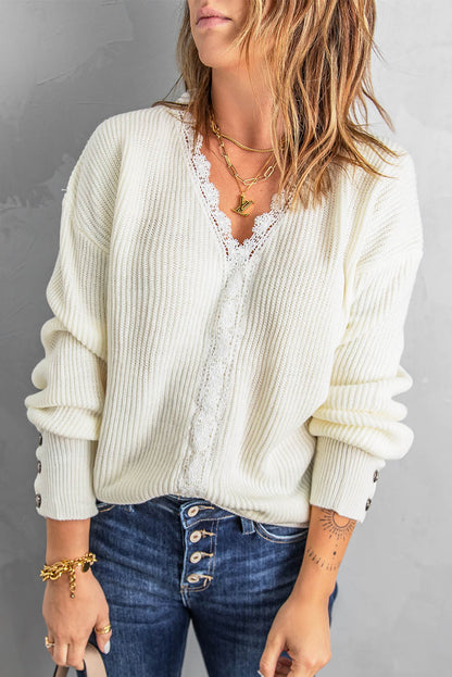 Lace Trim V-Neck Button Cuff Rib-Knit Sweater White 2XL