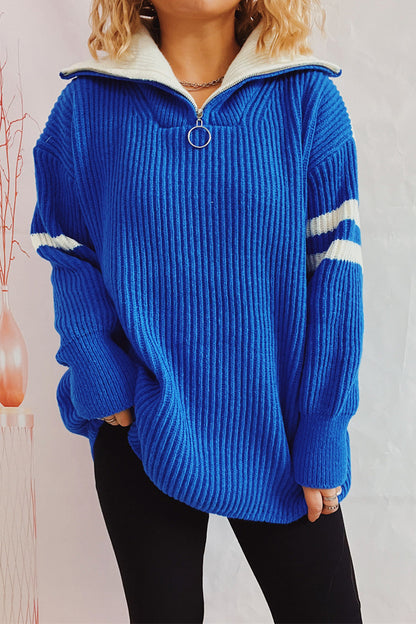 Quarter Zip Striped Dropped Shoulder Sweater Royal Blue One Size