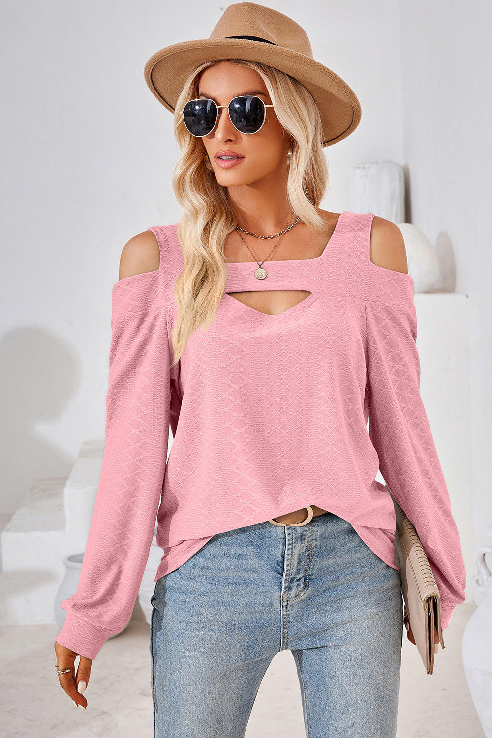 Cutout Square Neck Cold Shoulder T-Shirt Blush Pink