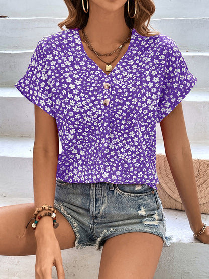 Printed V-Neck Short Sleeve Blouse Purple