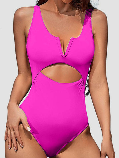 Cutout Notched Wide Strap One-Piece Swimwear Hot Pink