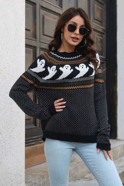 Ribbed Round Neck Long Sleeve Pullover Sweater