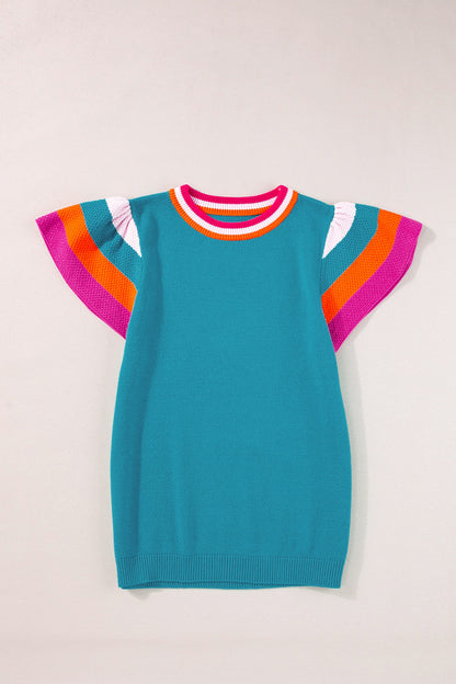 Color Block Round Neck Knit Top Cerulean