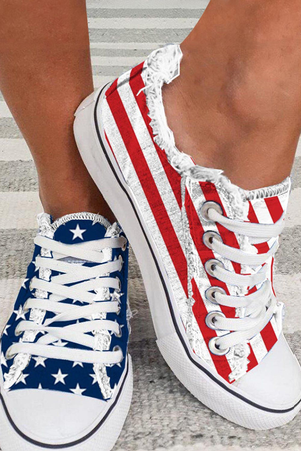 Blue American Flag Lace-up Canvas Flat Shoes Blue Pu Leather