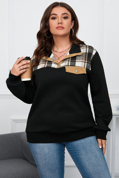 Black Plus Size Quilted Sweatshirt with Plaid Patchwork & Henley Neck