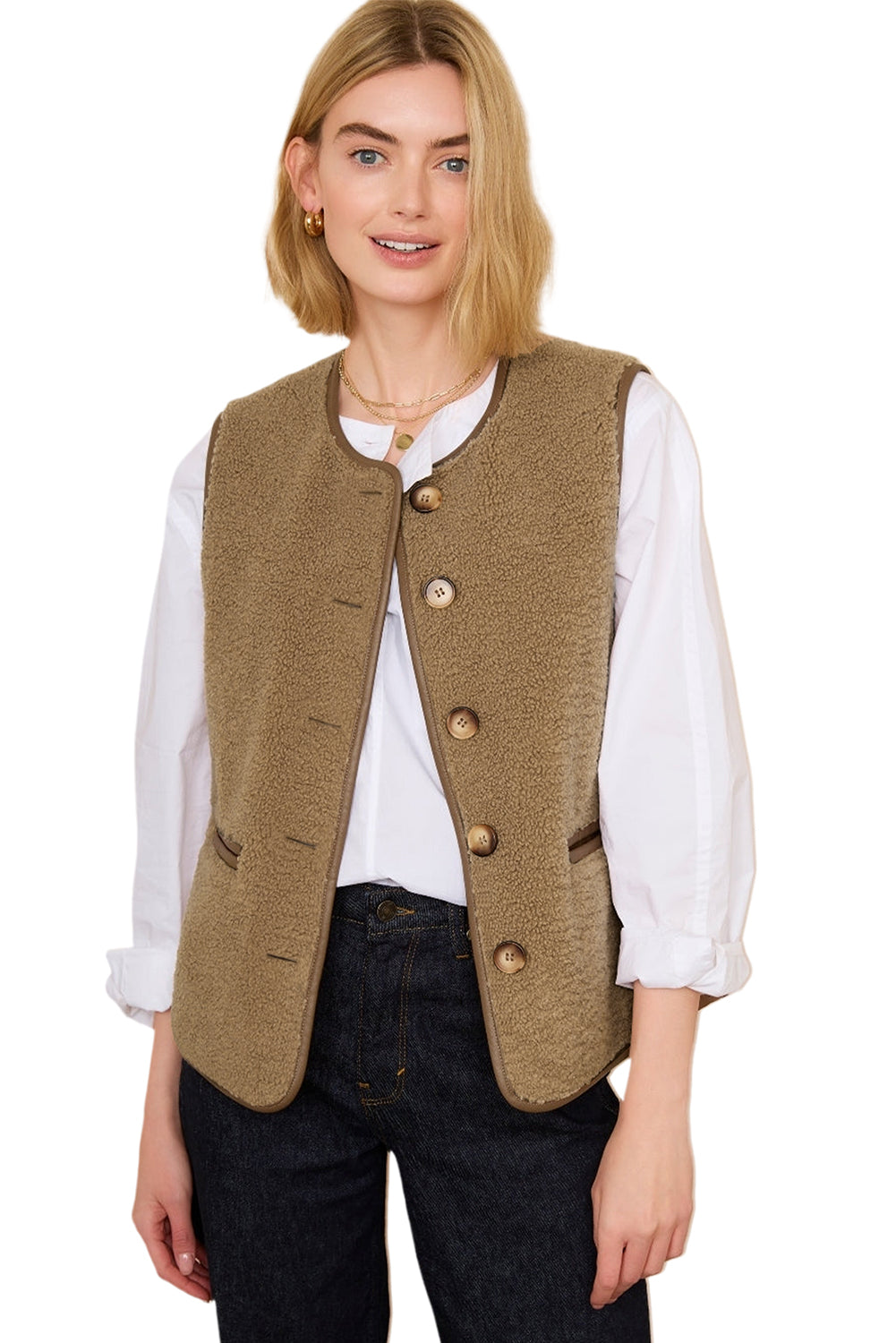 Camel Leather Contrast Side Pockets Buttoned Fleece Vest