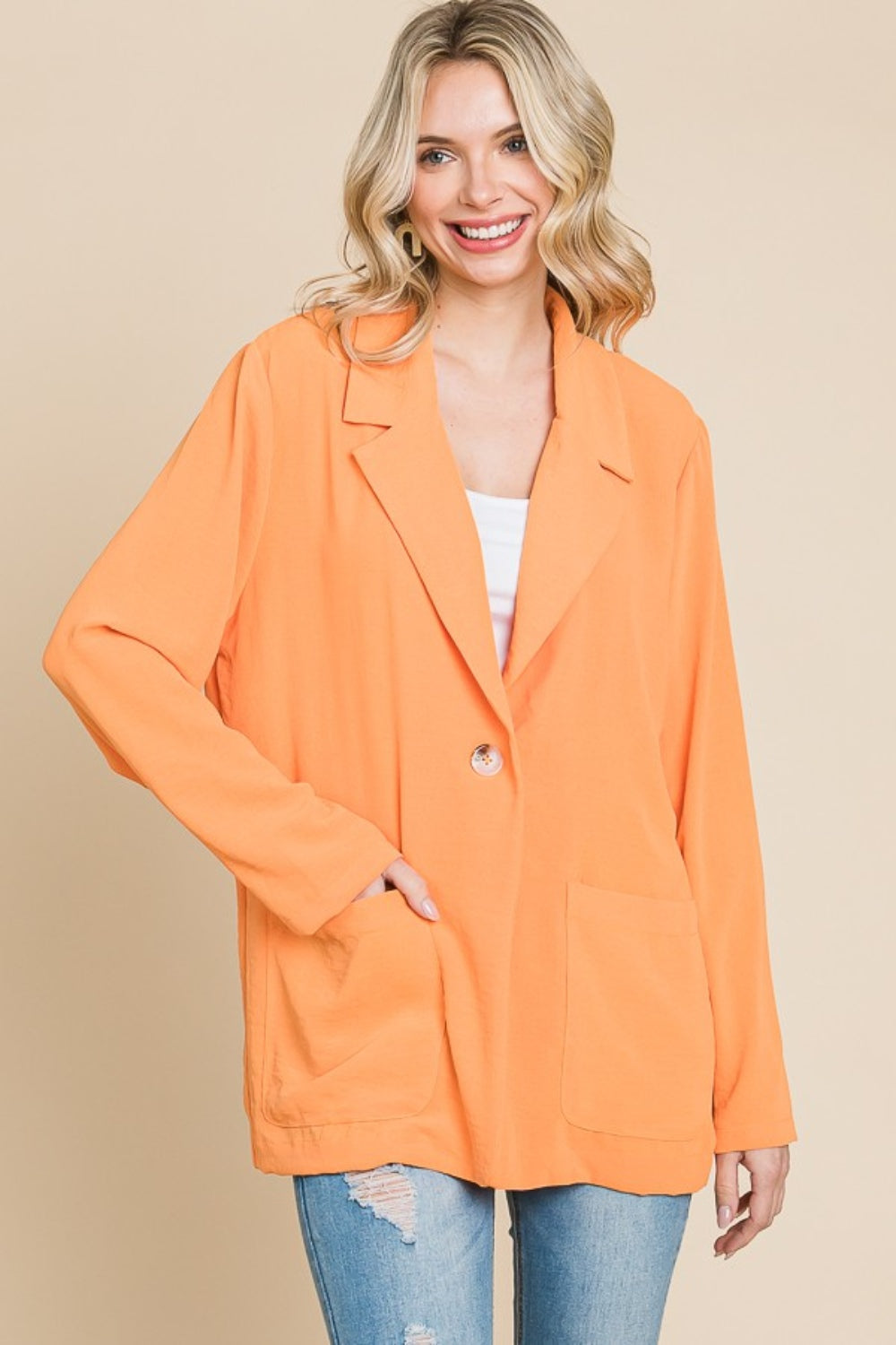 Culture Code One Button Long Sleeve Blazer with Pockets Salmon