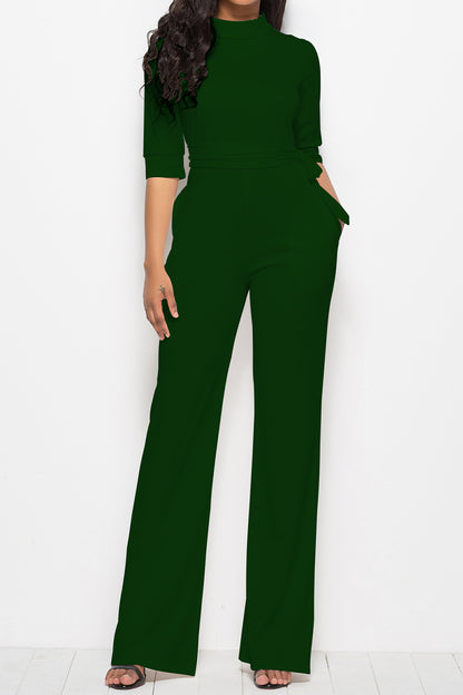 Mock Neck Tie-Waist Half Sleeve Jumpsuit Dark Green