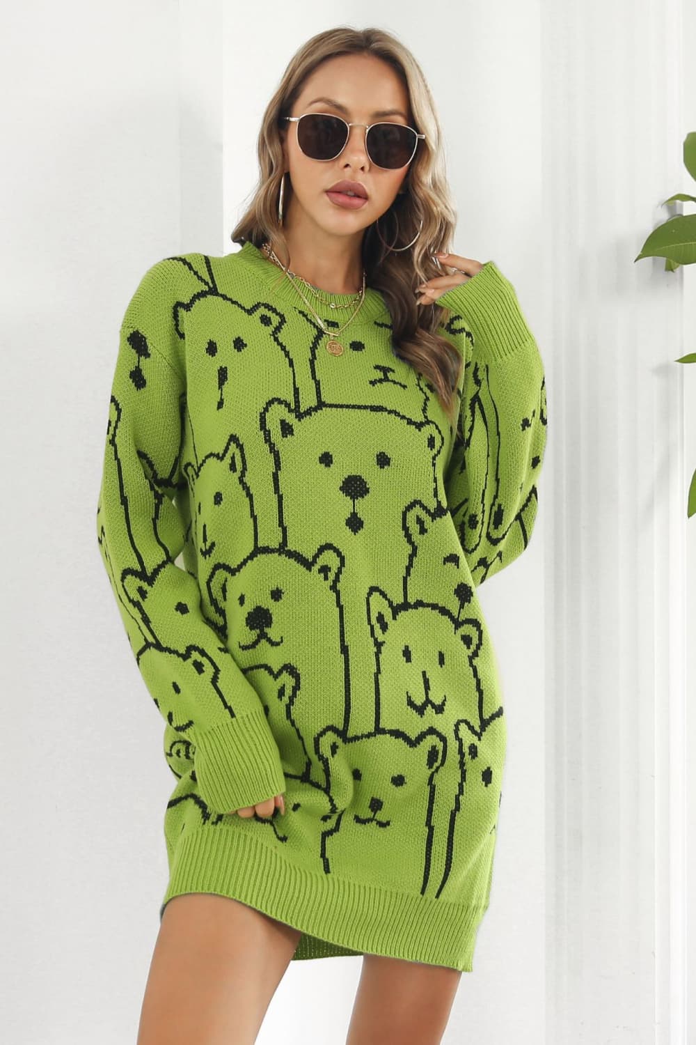 Bear Pattern Round Neck Sweater Dress Yellow-Green