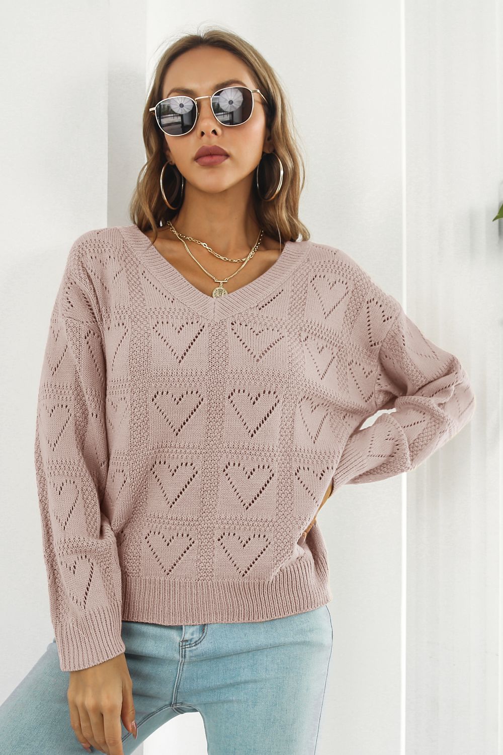 V-Neck Drop Shoulder Sweater Dusty Pink