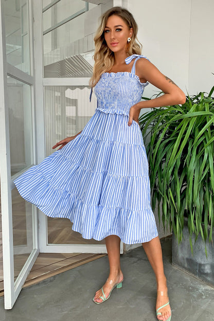 Striped Tie-Shoulder Tiered Dress Pastel Blue