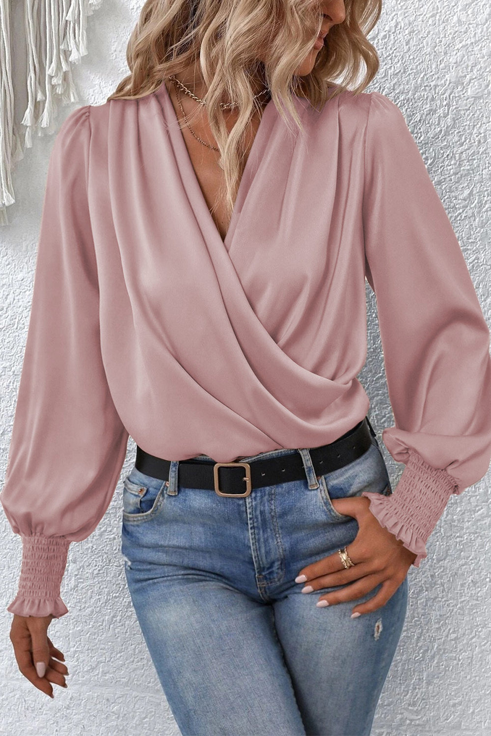 Surplice Neck Lantern Sleeve Blouse Light Mauve