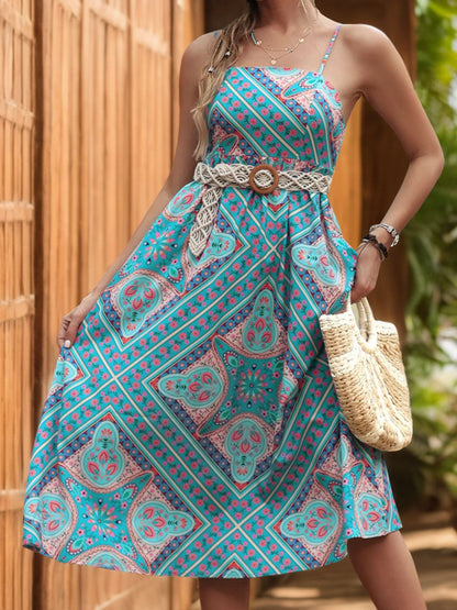 Printed Spaghetti Strap Midi Dress Teal