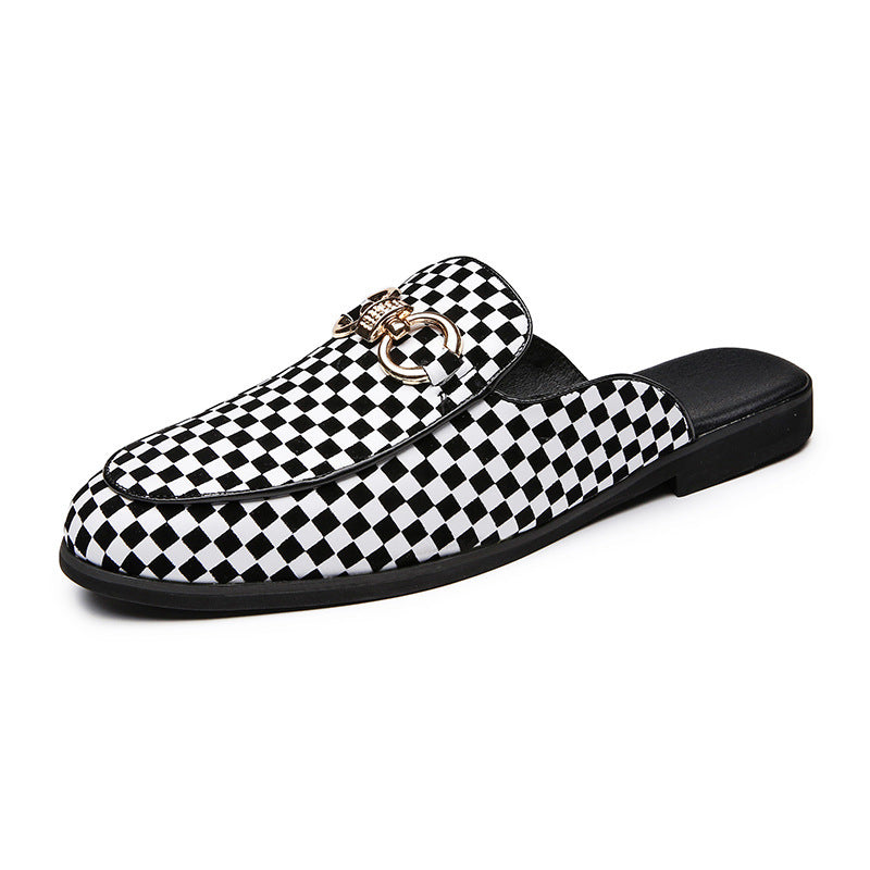 Lazy Leather Slippers Men's Heel-free Slip-on Black And White