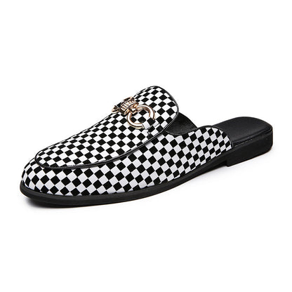 Lazy Leather Slippers Men's Heel-free Slip-on Black And White