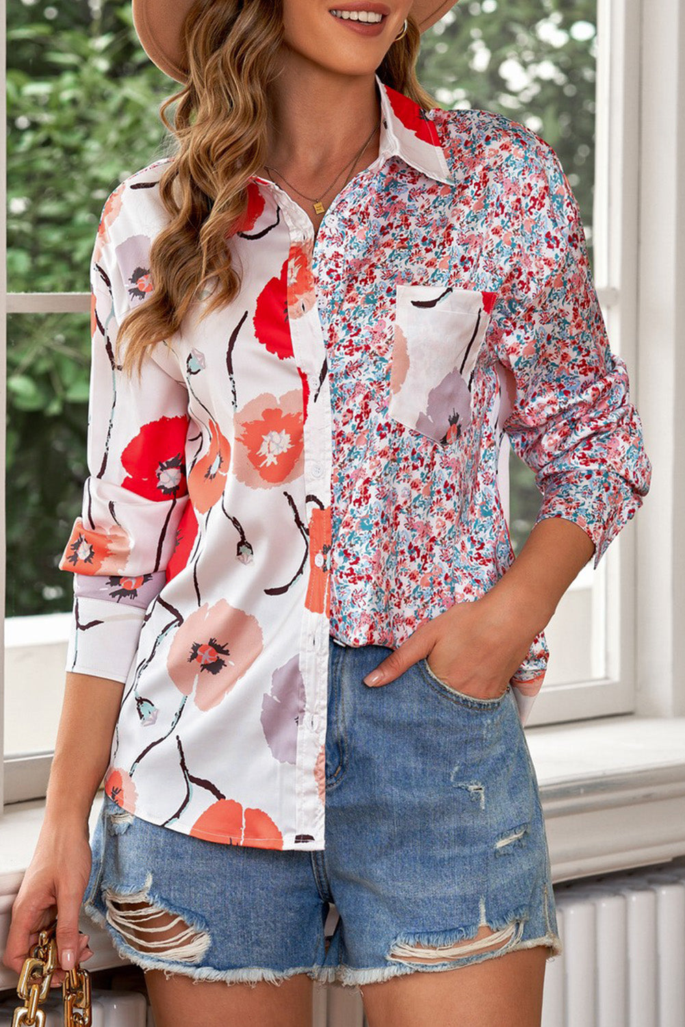 Printed Button Up Dropped Shoulder Shirt Floral