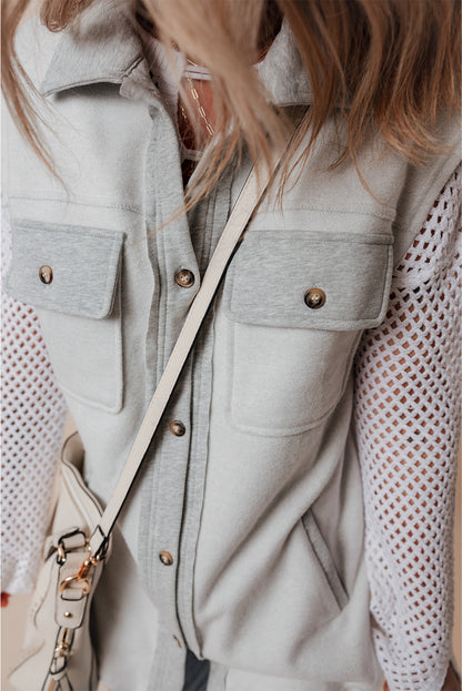 Light Grey Flap Pockets Contrast Buttons Front Jacket Vest