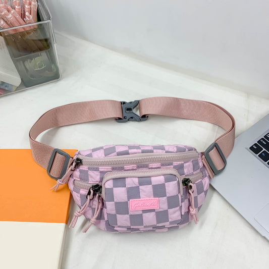 Checkered Adjustable Strap Nylon Crossbody Bag Pink One Size