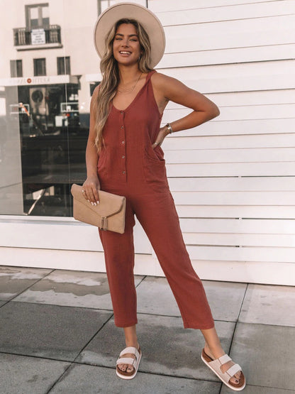 Full Size Scoop Neck Wide Strap Jumpsuit Rust