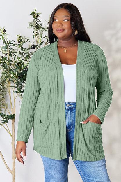 Basic Bae Full Size Ribbed Open Front Cardigan with Pockets Light Green