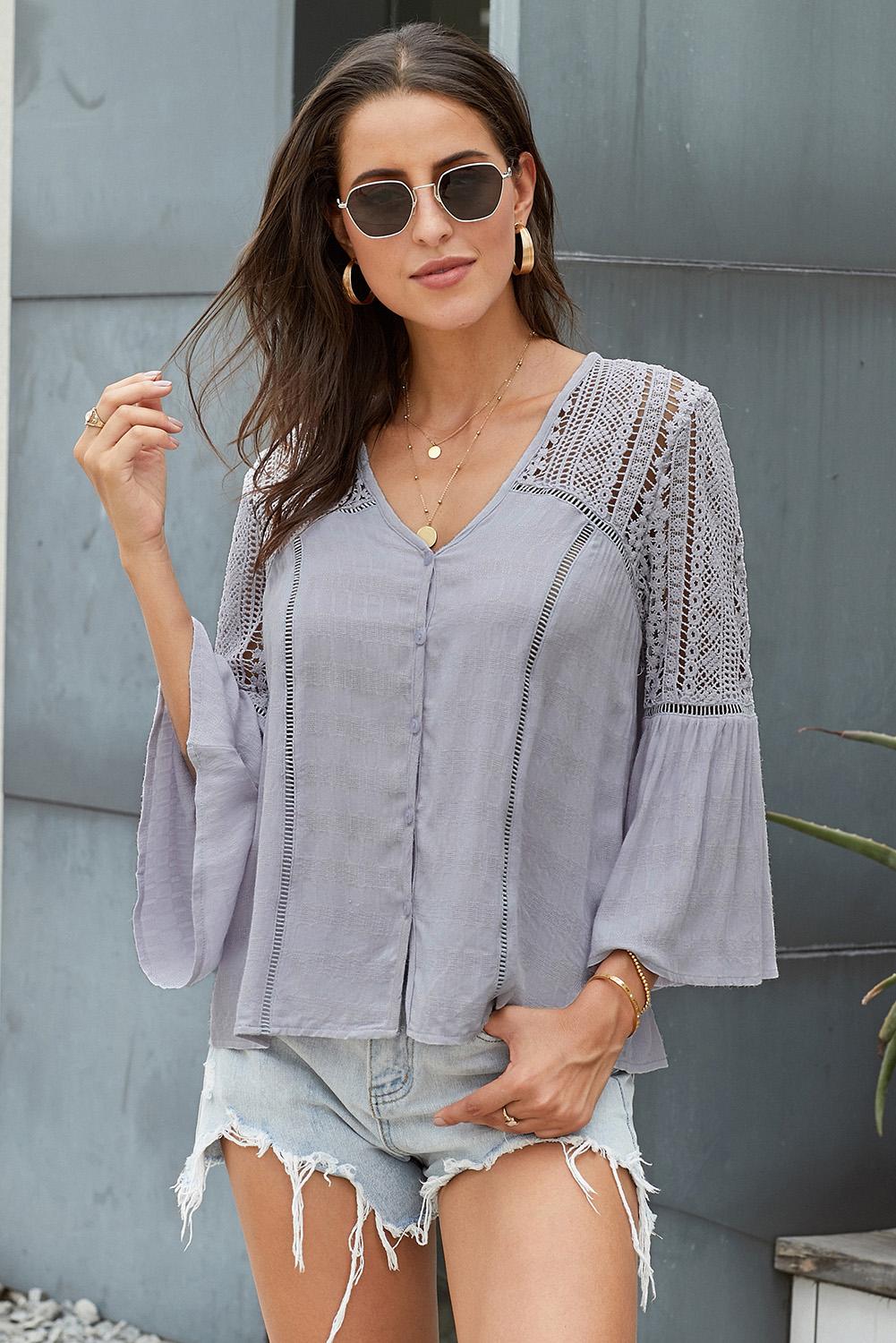 Flare Sleeve Spliced Lace V-Neck Shirt Gray Dawn