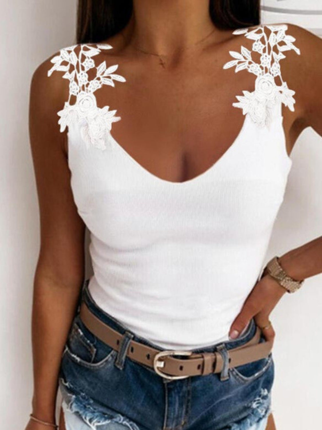 Full Size Lace Detail Scoop Neck Tank White