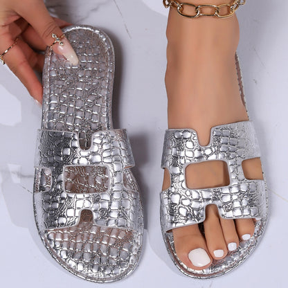 Crocodile Pattern Open-Toe PU Leather Sandals Silver