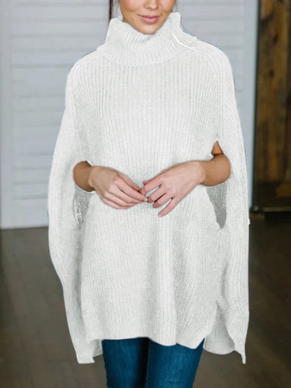 Turtleneck Slit Sweater White One Size