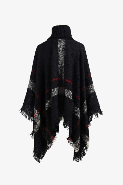 Plaid Turtleneck Raw Hem Poncho