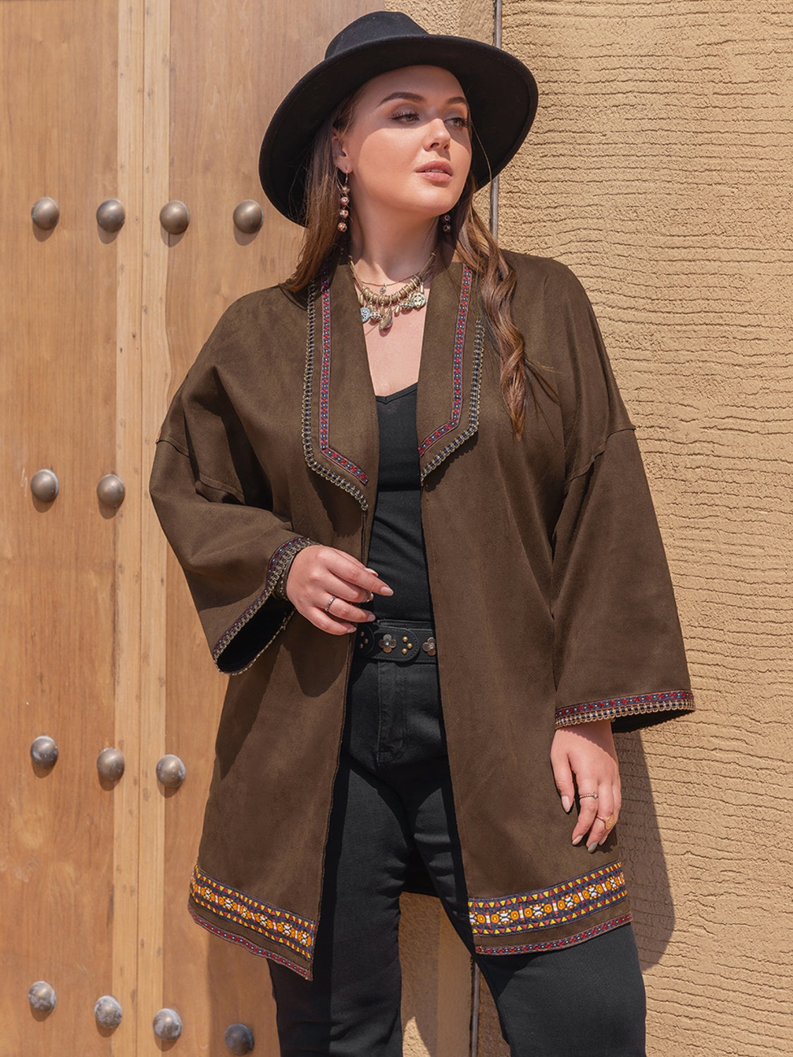 Plus Size Embroidered Open Front Dropped Shoulder Jacket Brown