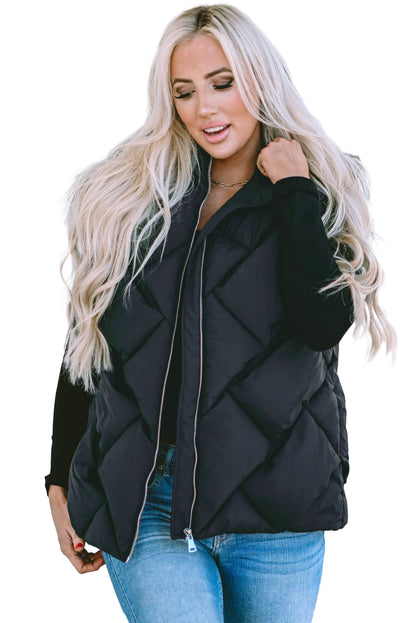 Black Quilted Zipper Front Hooded Vest Coat